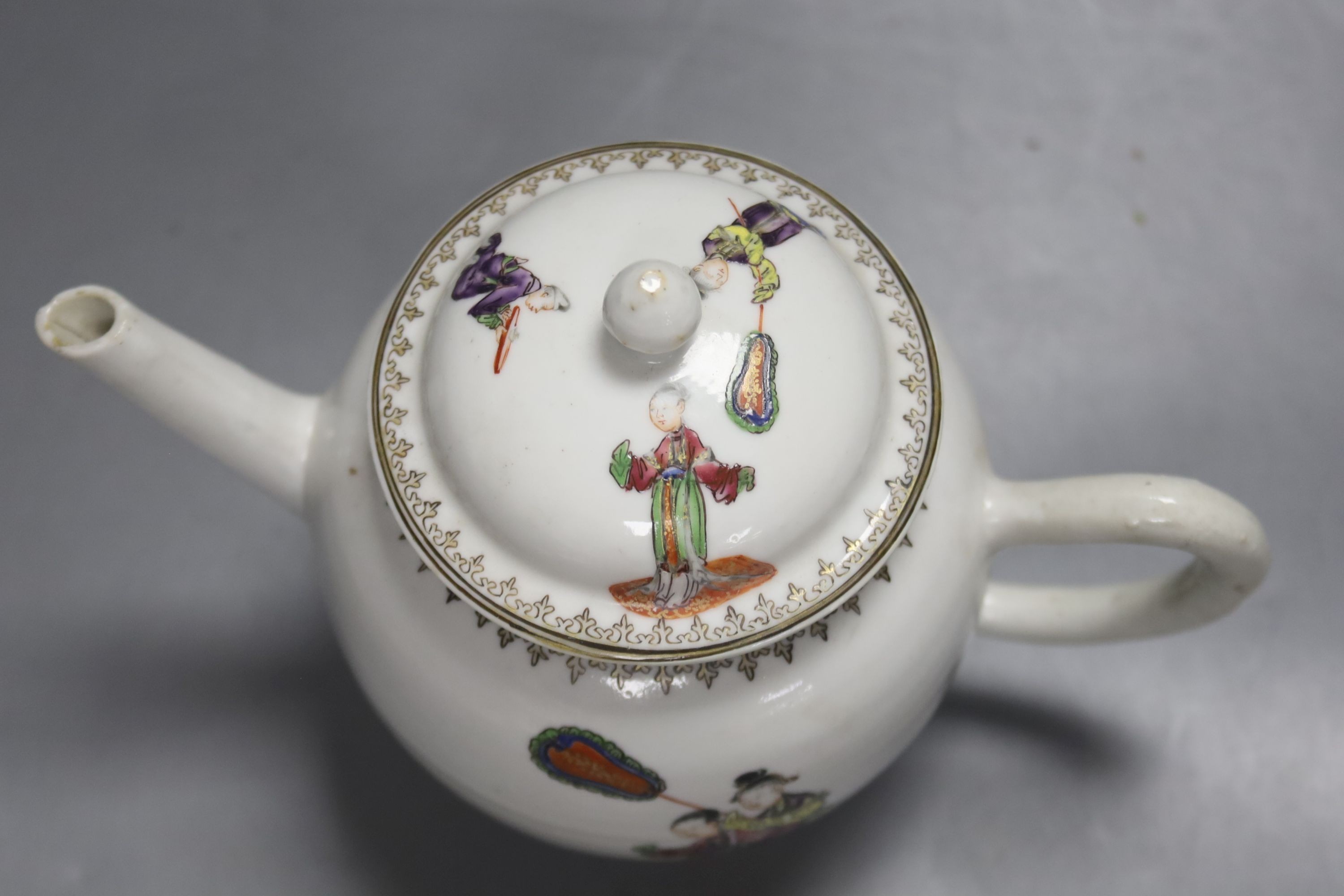 A Chinese export documentary famille rose spherical teapot and cover, the underside monogrammed E.R., height 14cm (faults)